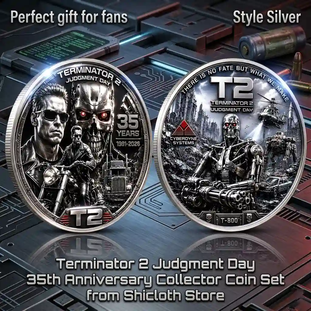 Two silver Terminator 2 coins showing different movie scenes with Arnold Schwarzenegger character and endoskeleton and Cyberdyne Systems logo with text Perfect gift for fans Style Silver!