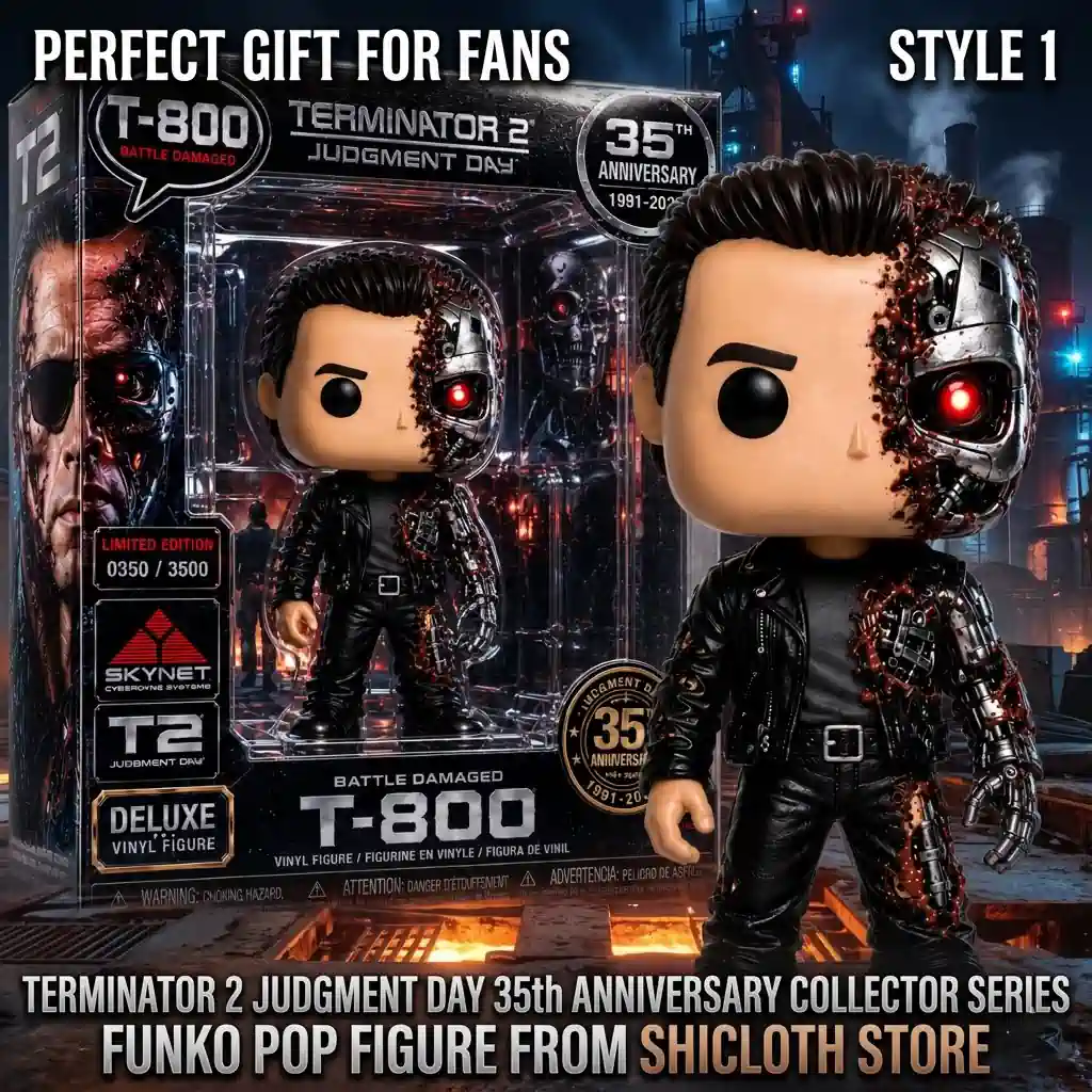 A battle damaged vinyl figure standing next to its collectible packaging box on a dark metallic surface!