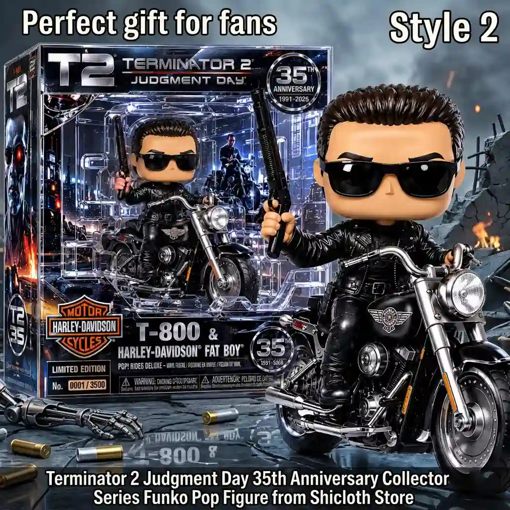 A cool vinyl figure wearing sunglasses riding a detailed black motorcycle next to its presentation box!