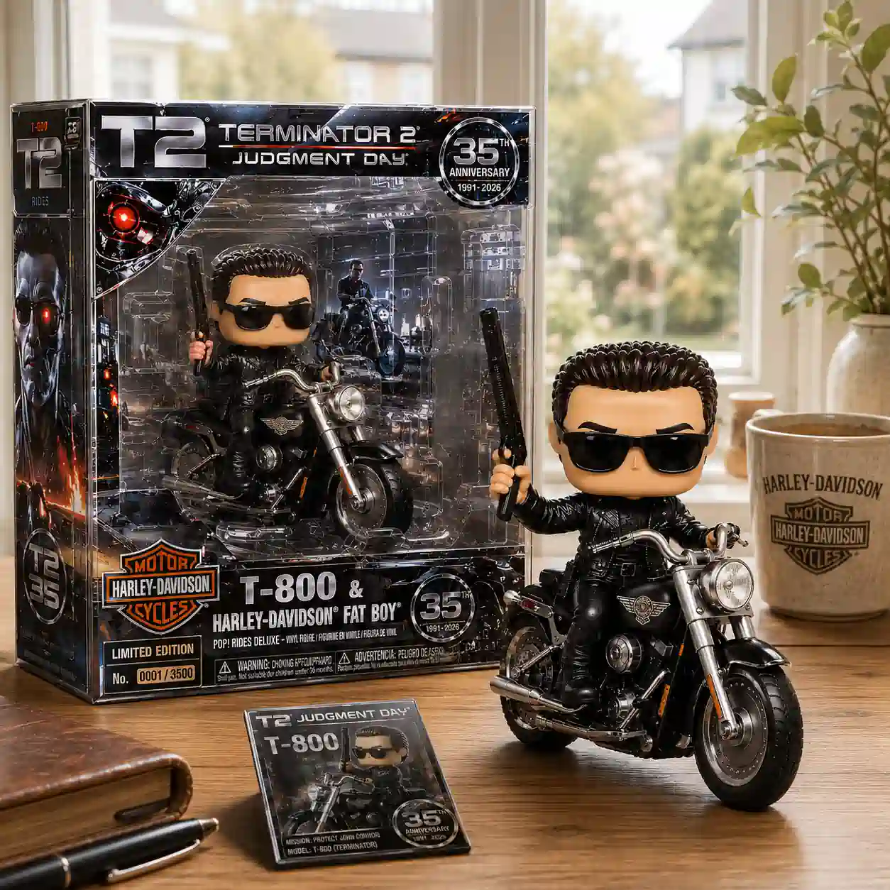 Terminator 2 Judgment Day 35th Anniversary Collector Series Funko Pop! Figure 3 A miniature motorcycle rider figure stands on a wooden desk near a coffee mug and a leather notebook!