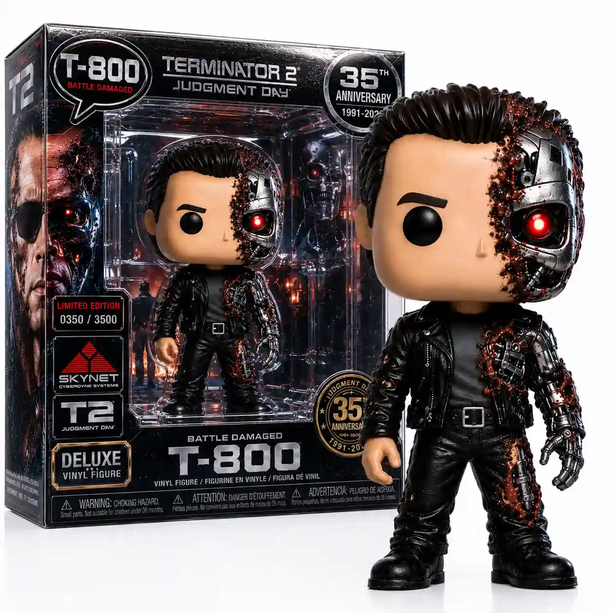 Terminator 2 Judgment Day 35th Anniversary Collector Series Funko Pop! Figure 4 A battle damaged metallic robot figure displayed on a clean white background next to its official package!