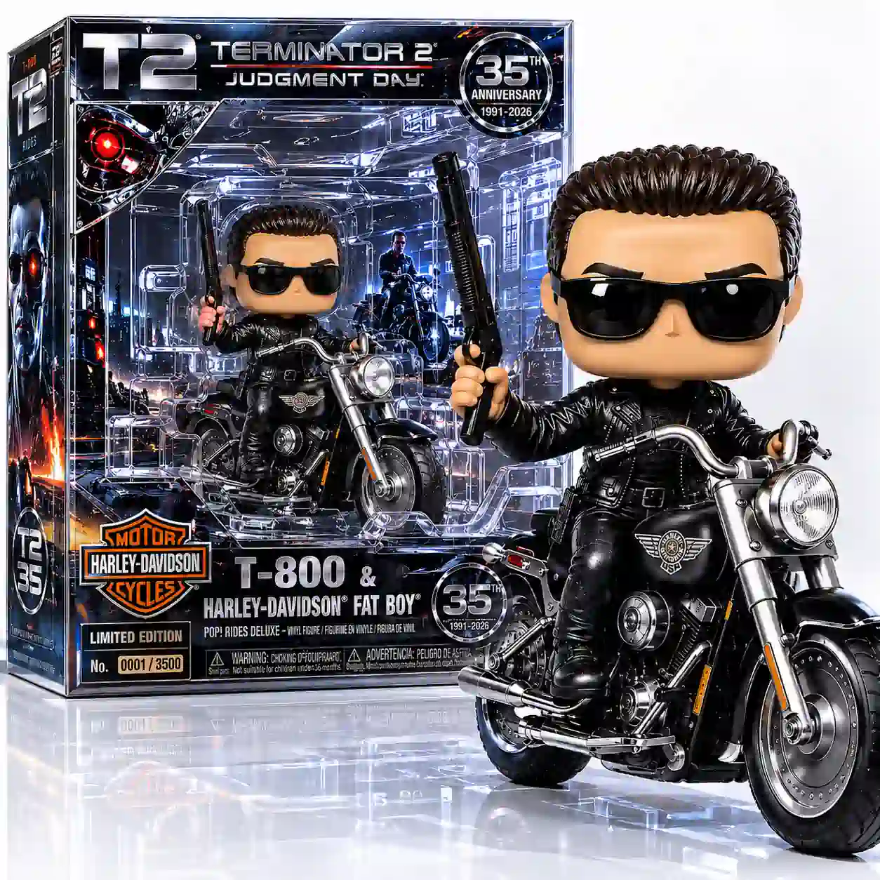 Terminator 2 Judgment Day 35th Anniversary Collector Series Funko Pop! Figure 5 A vinyl figure holding a shotgun on a classic motorcycle with its collectible box on a bright white surface!