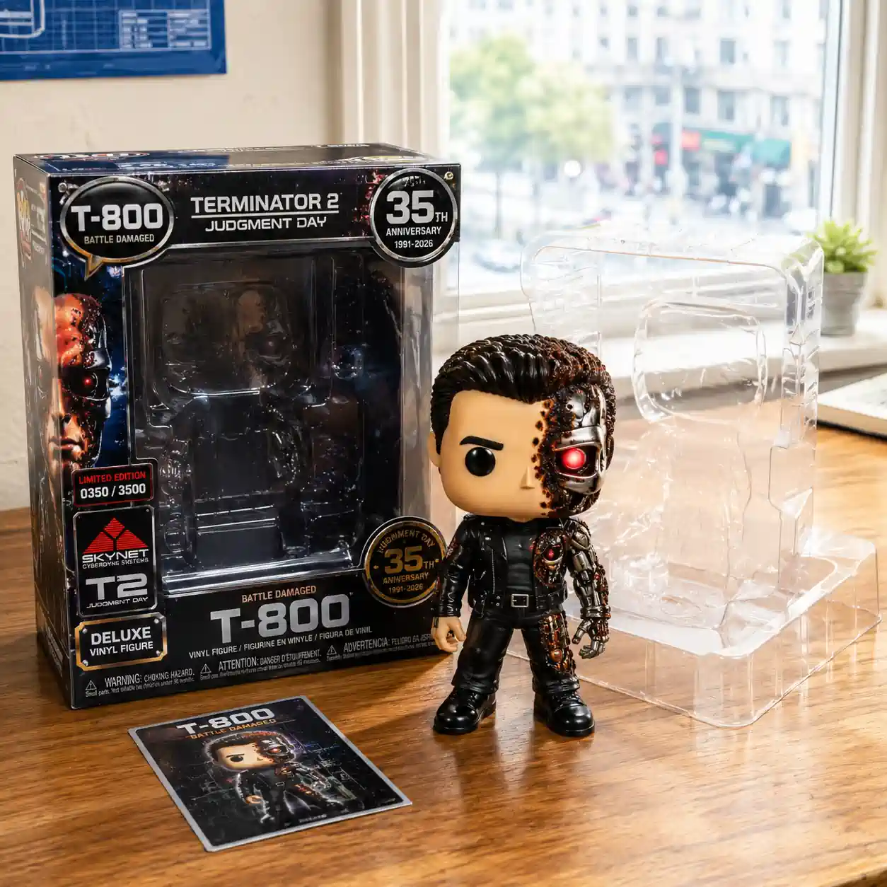 Terminator 2 Judgment Day 35th Anniversary Collector Series Funko Pop! Figure 6 A damaged cyborg vinyl figure stands next to an empty product box and its plastic insert on a table!
