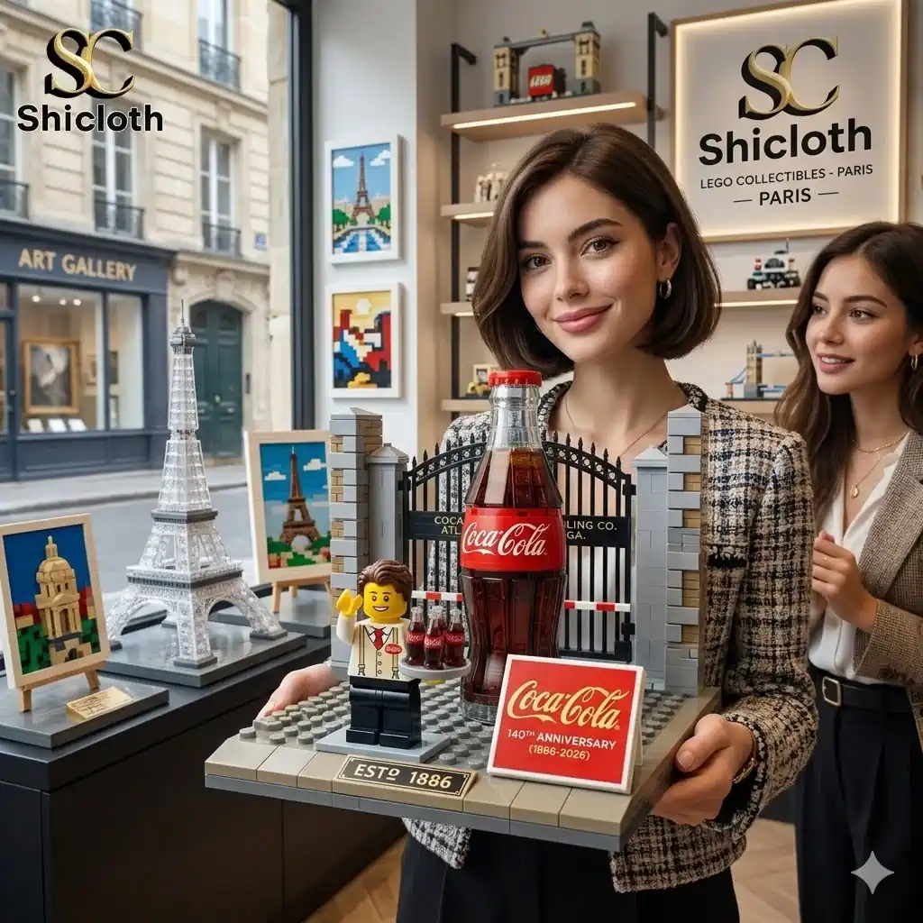 Woman holding Coca Cola anniversary brick display inside Shicloth Paris store!