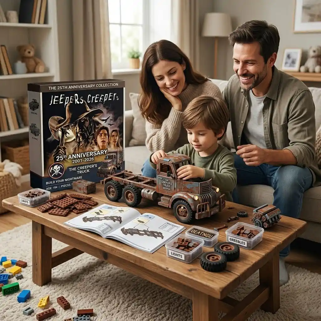 A family building a Jeepers Creepers model truck set on a wooden coffee table.