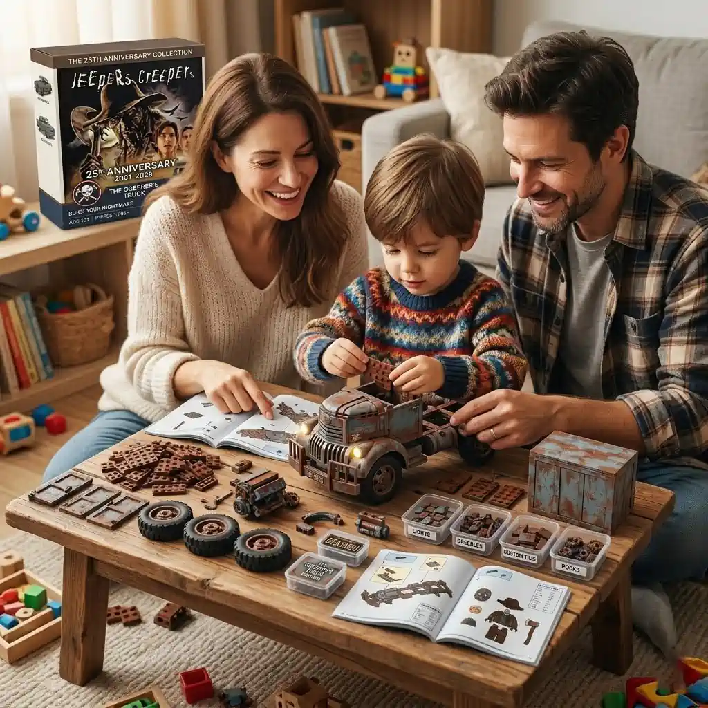 A family building a Jeepers Creepers 25th anniversary truck construction set.