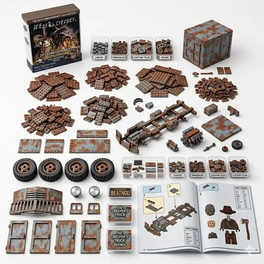 The Creeper's Truck 25th Anniversary Collector Brick Edition (2001-2026) 3 Jeepers Creepers 25th Anniversary collectible construction model kit components laid out on a white surface.