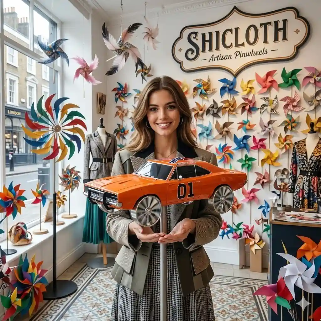 Green Bay Packers 107th Anniversary Commemorative Garden Windmill 6 Woman holding General Lee Dodge Charger wind spinner inside Shicloth artisan pinwheel shop!