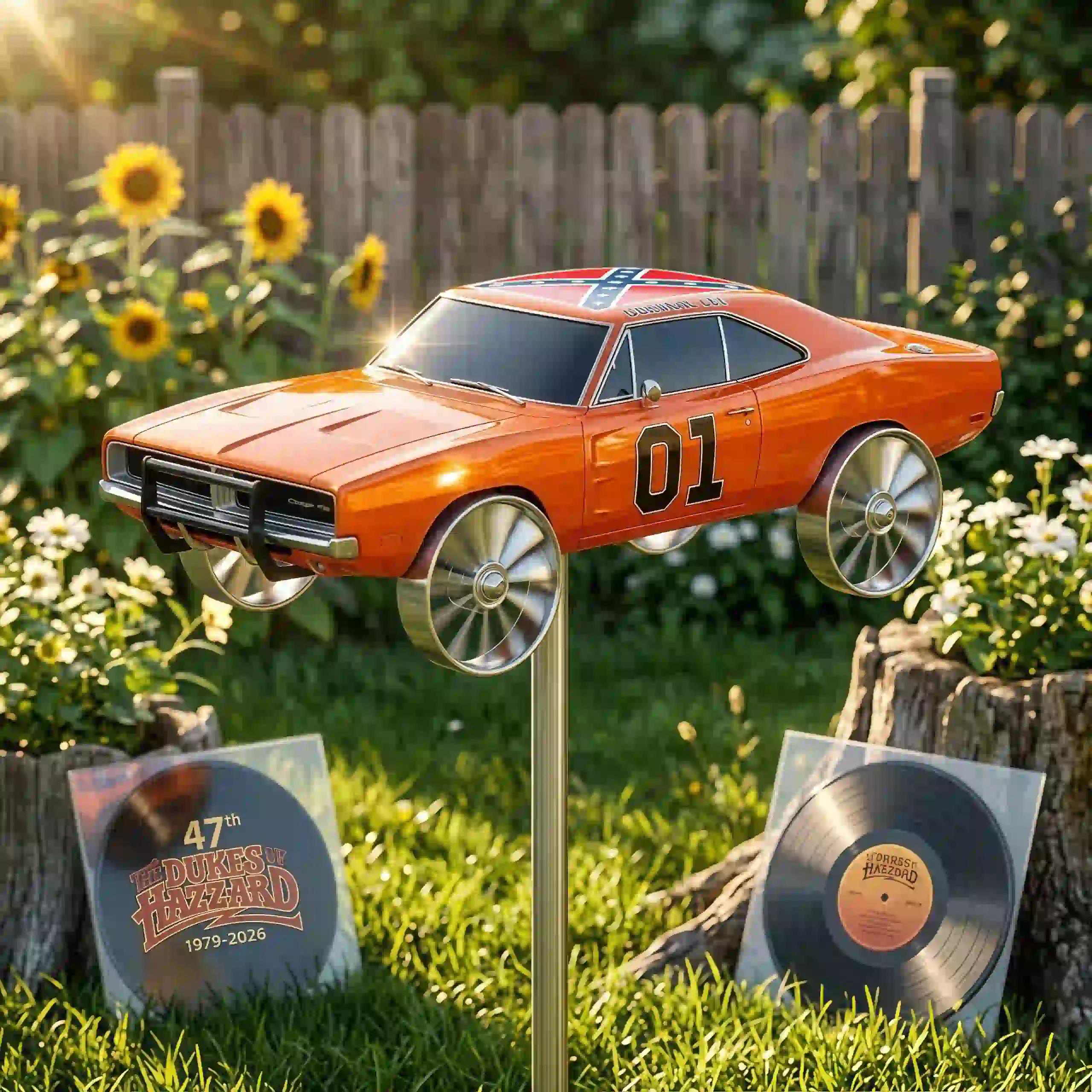 General Lee Dodge Charger wind spinner displayed in sunny backyard garden!
