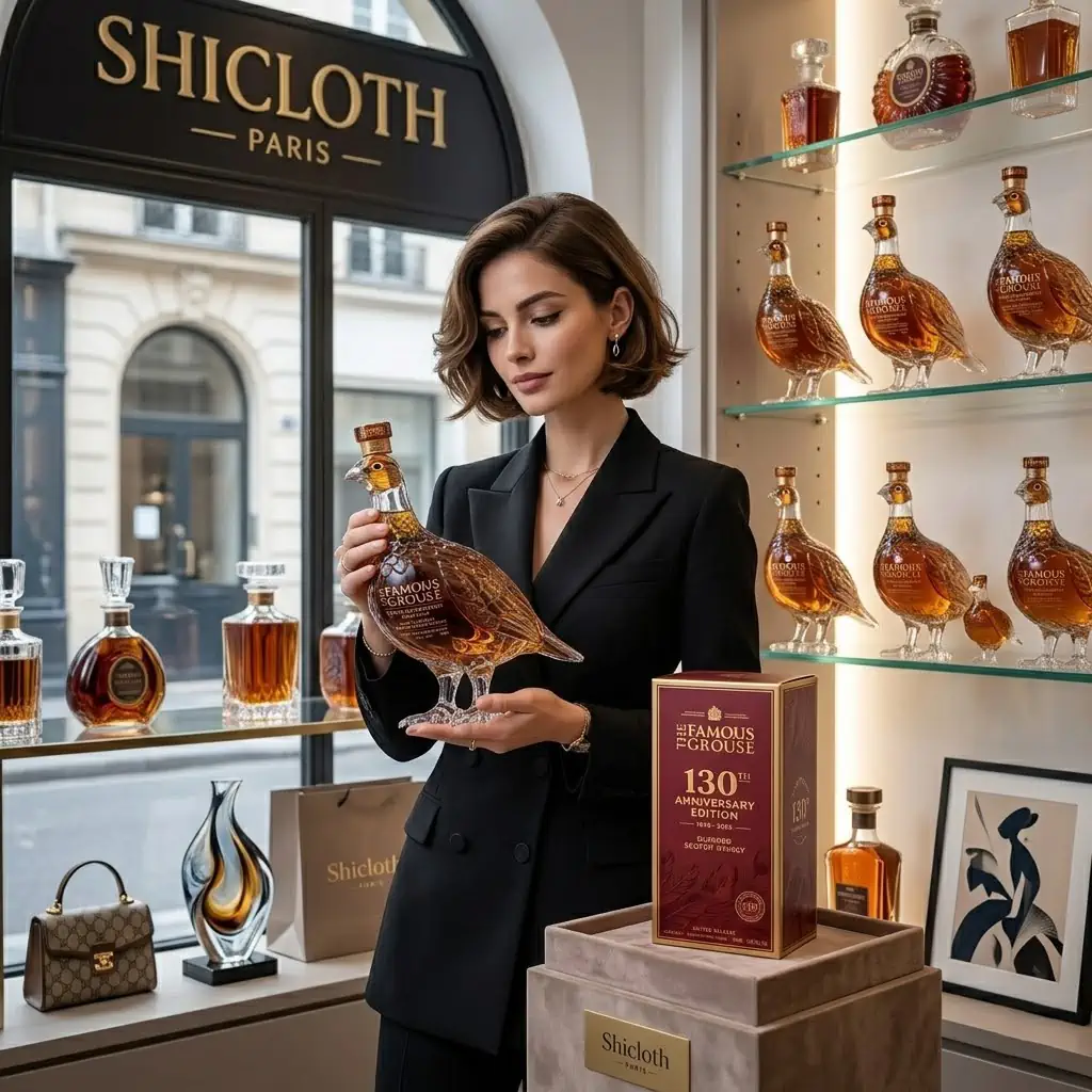 A woman holding a pheasant-shaped Scotch whisky decanter in a boutique setting.