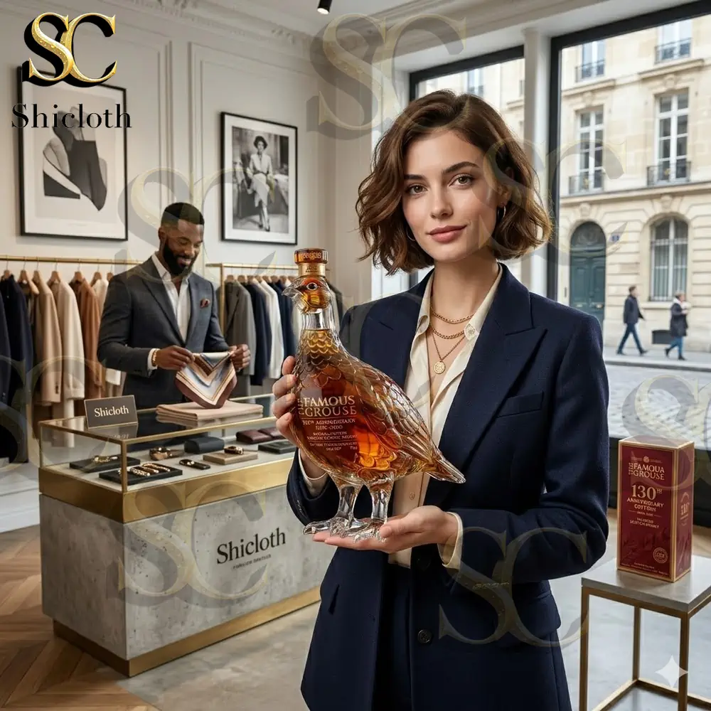 Woman holding bird shaped whisky bottle in luxury fashion store!
