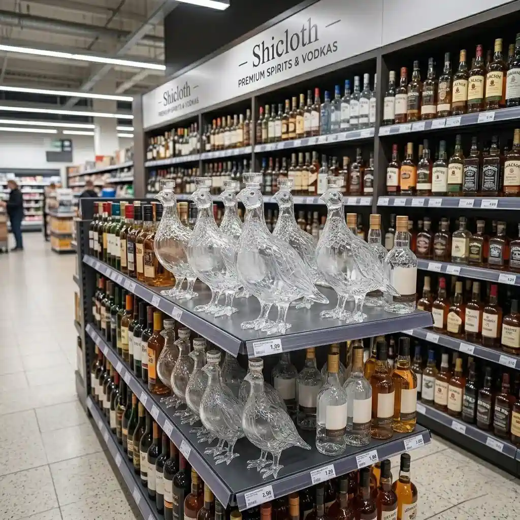 Retail store shelves stocked with various alcoholic beverages and unique bird-shaped glass bottles.