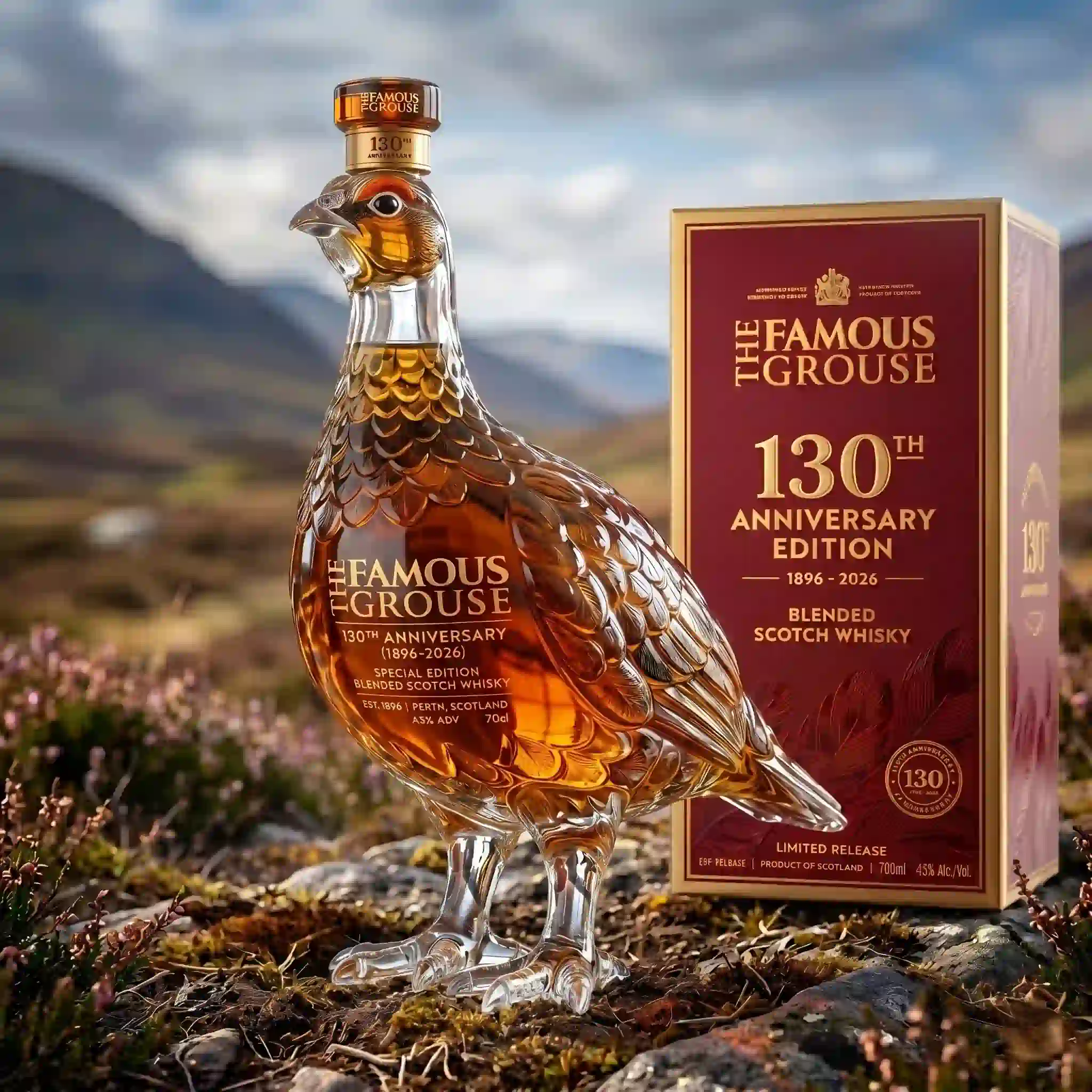 NEW The Famous Grouse 130th Anniversary Edition Blended Scotch Whisky Bottle 3 The Famous Grouse 130th Anniversary Edition blended Scotch whisky bottle in a bird-shaped decanter next to its box.