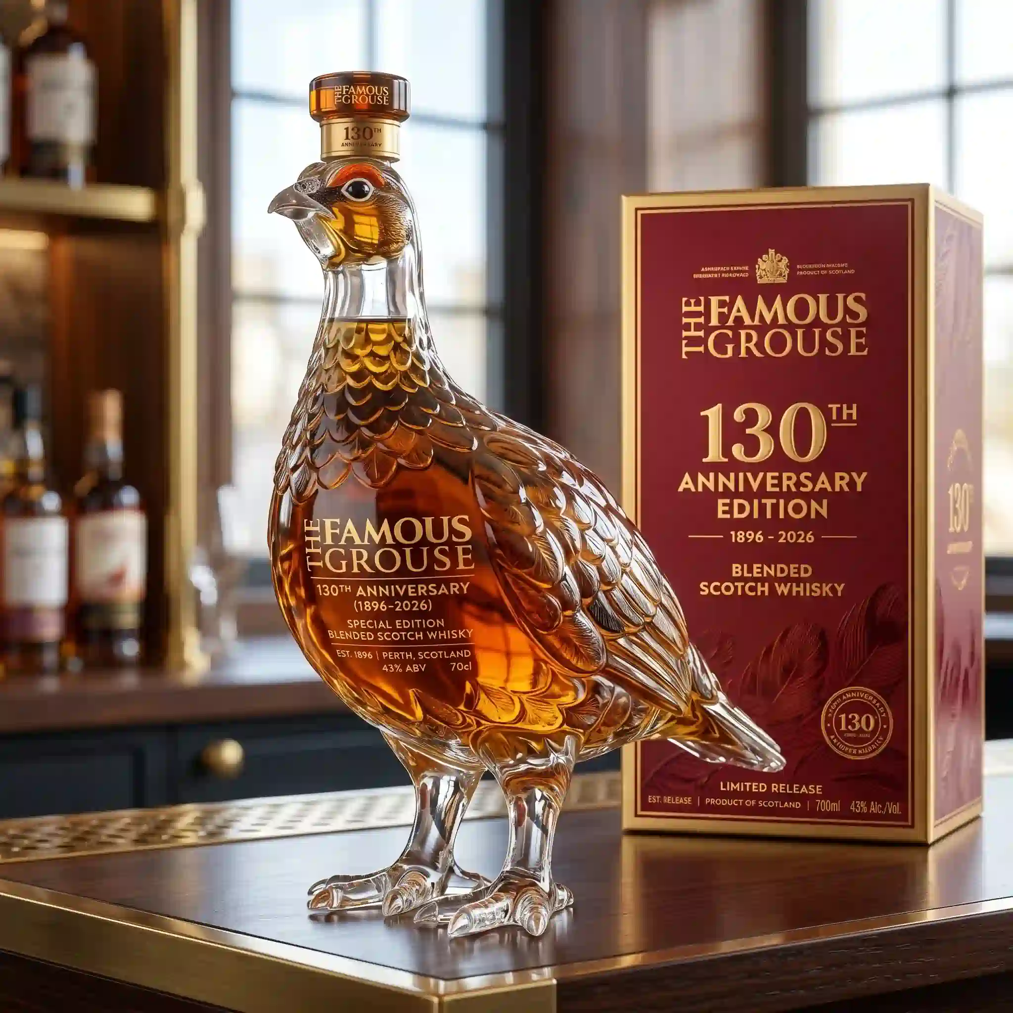 NEW The Famous Grouse 130th Anniversary Edition Blended Scotch Whisky Bottle 4 The Famous Grouse 130th Anniversary Edition blended Scotch whisky in a custom bird-shaped decanter.