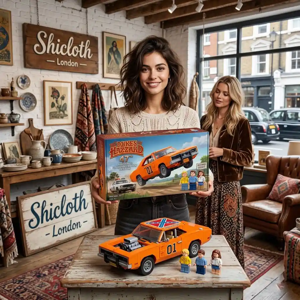 Woman holding General Lee building set box inside Shicloth London shop!