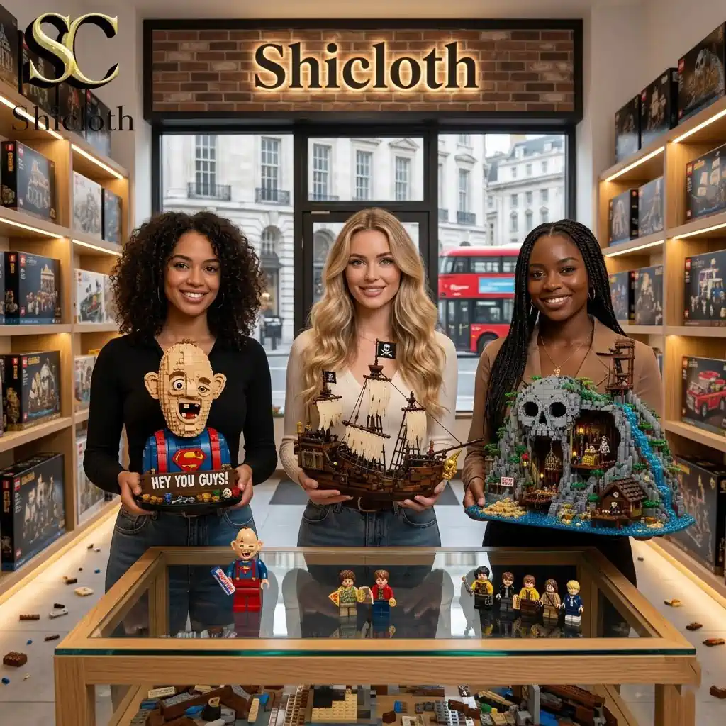 Shicloth customers holding Goonies brick display models!