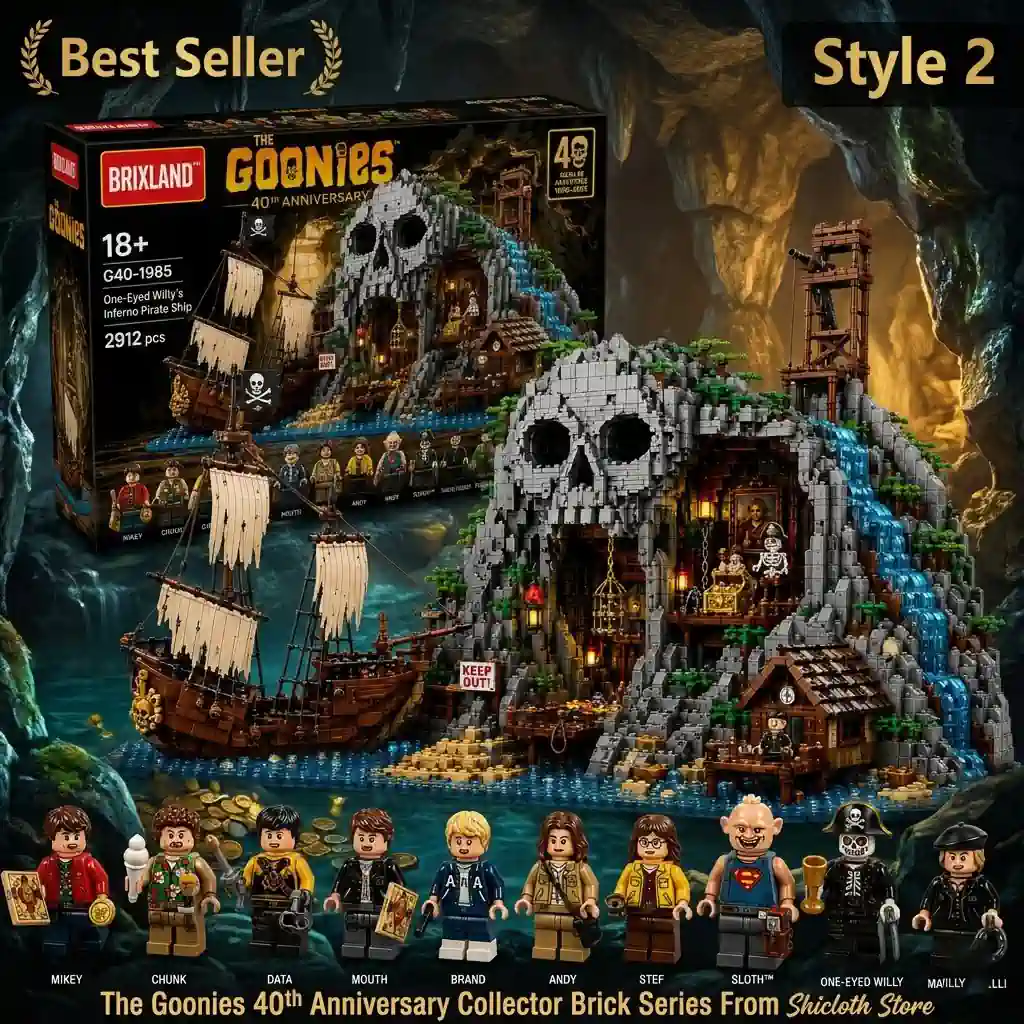 The Goonies 40th Anniversary Collector Brick Series 3 This image highlights the Style One edition of the Shicloth Goonies pirate ship brick collection. The dramatic cave background detailed sails and movie inspired figures create a bold collector centerpiece for adventure fans!