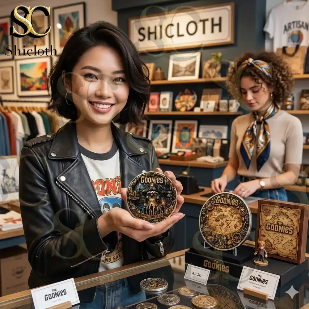 Woman holding The Goonies anniversary coin at Shicloth shop!