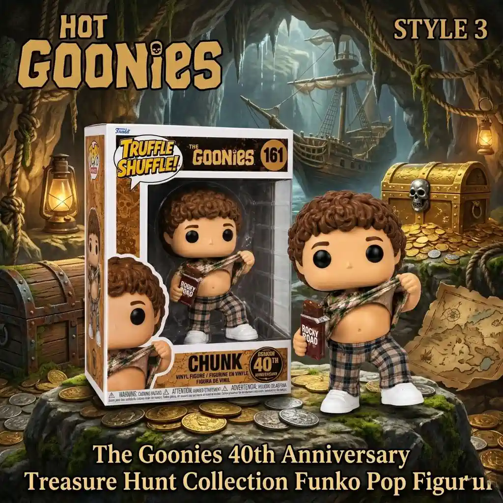 The Goonies 40th Anniversary Treasure Hunt Collection Funko Pop Figure 4 Chunk anniversary collectible figure with pirate treasure cave background!