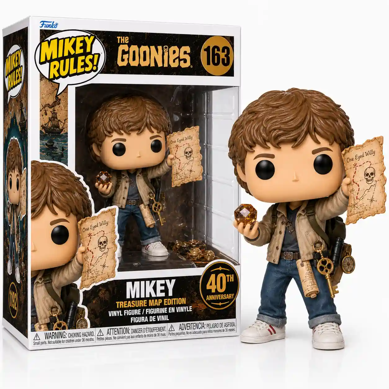 The Goonies 40th Anniversary Treasure Hunt Collection Funko Pop Figure 6 Mikey treasure map collectible figure with detailed anniversary packaging on white background!