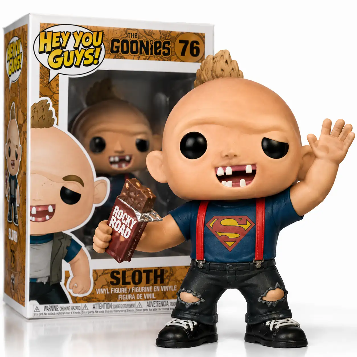 The Goonies 40th Anniversary Treasure Hunt Collection Funko Pop Figure 7 Sloth collectible figure holding chocolate bar with anniversary packaging on white background!