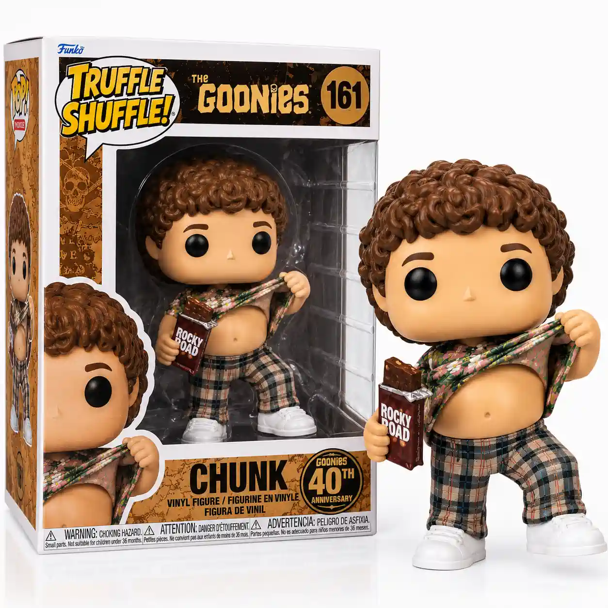 The Goonies 40th Anniversary Treasure Hunt Collection Funko Pop Figure 8 Chunk collectible figure with anniversary packaging and playful pose on white background!