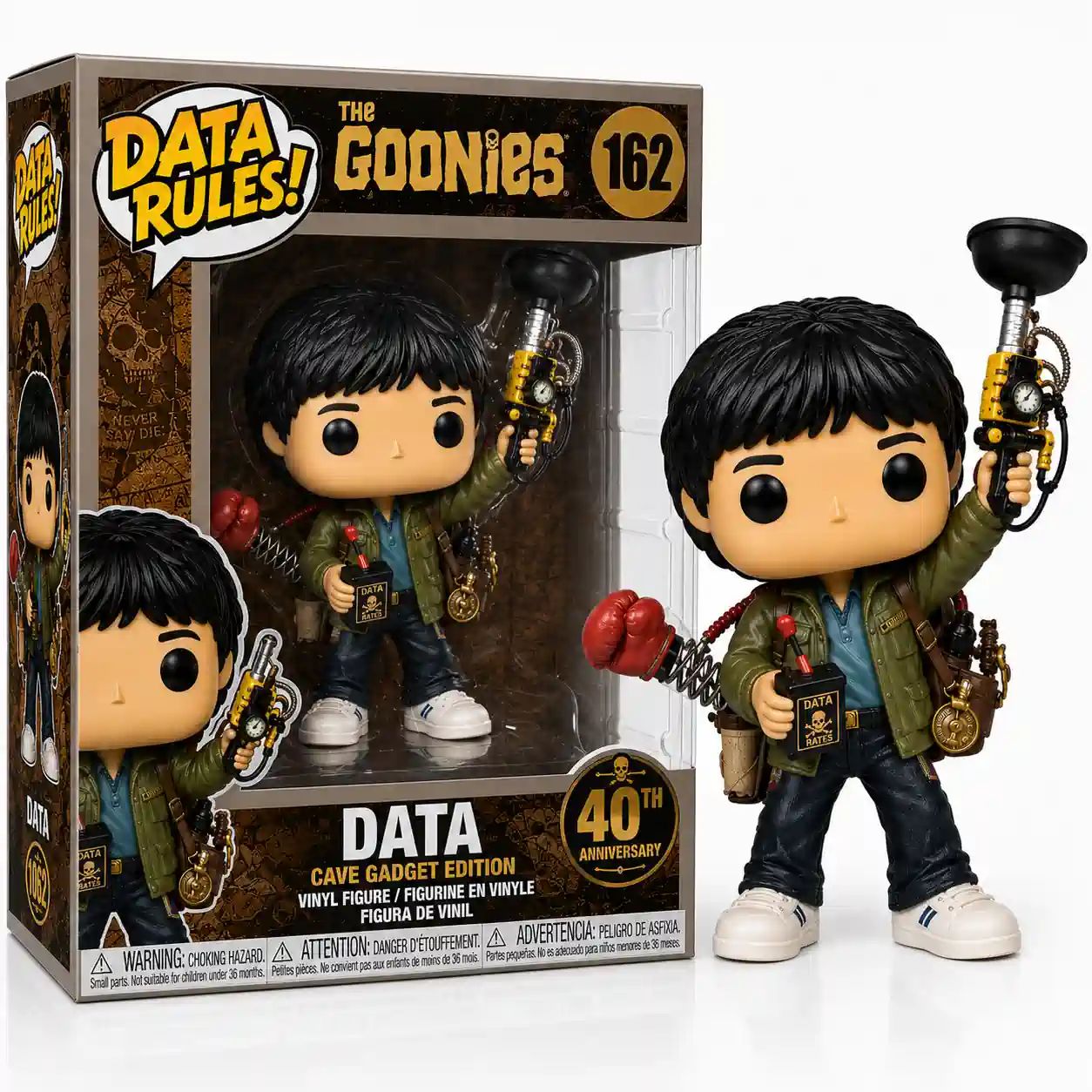 The Goonies 40th Anniversary Treasure Hunt Collection Funko Pop Figure 9 Data gadget collectible figure with anniversary packaging and adventure accessories on white background!