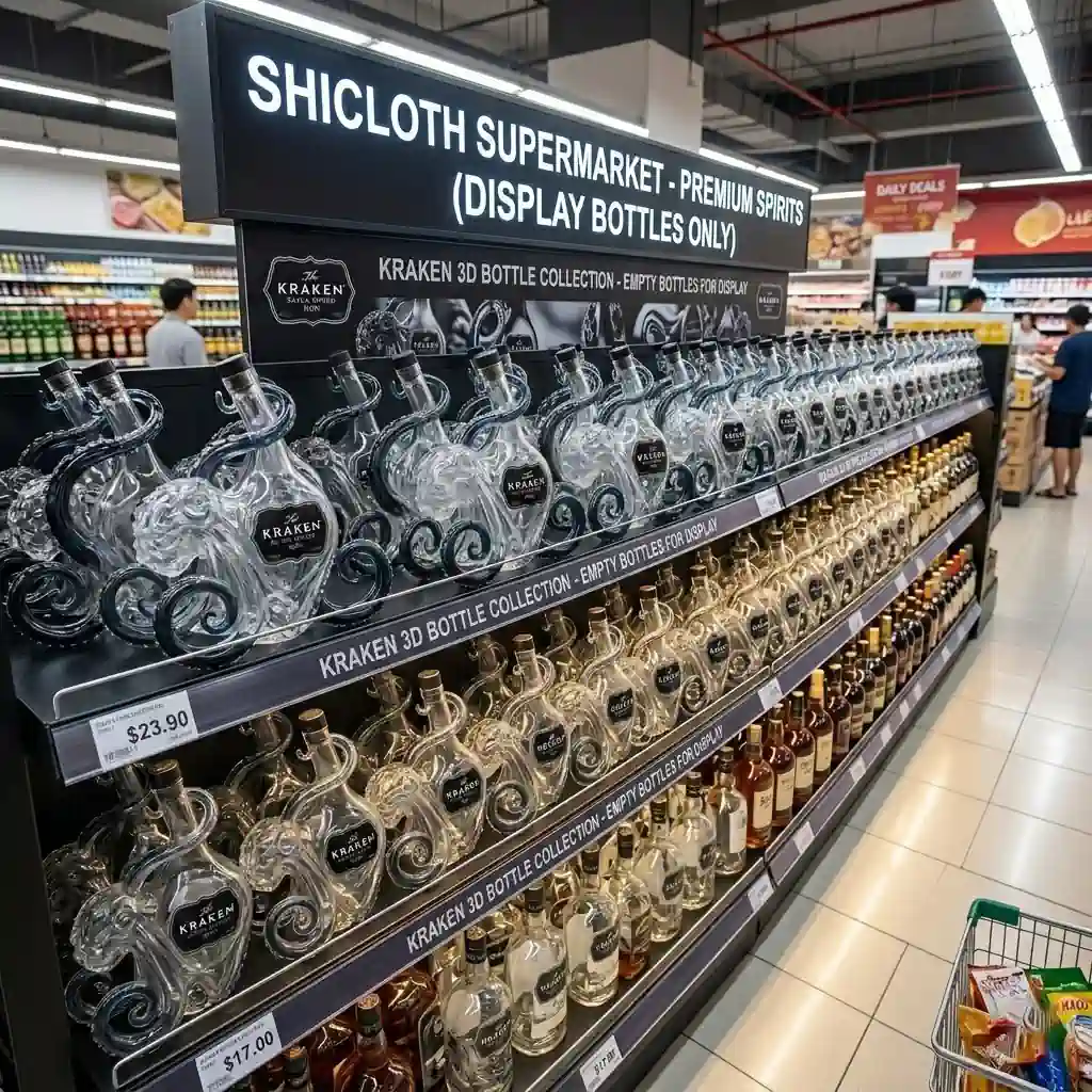 Display shelves at Shicloth Supermarket featuring The Kraken Black Spiced Rum bottles