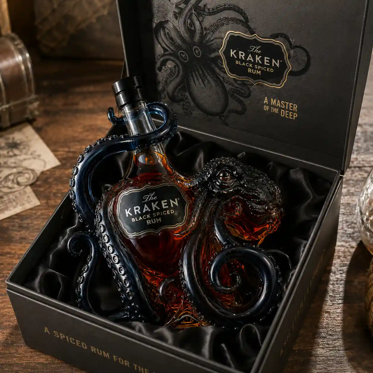 A glass bottle of The Kraken Black Spiced Rum encased by a sculpted kraken tentacle design inside a black gift box.