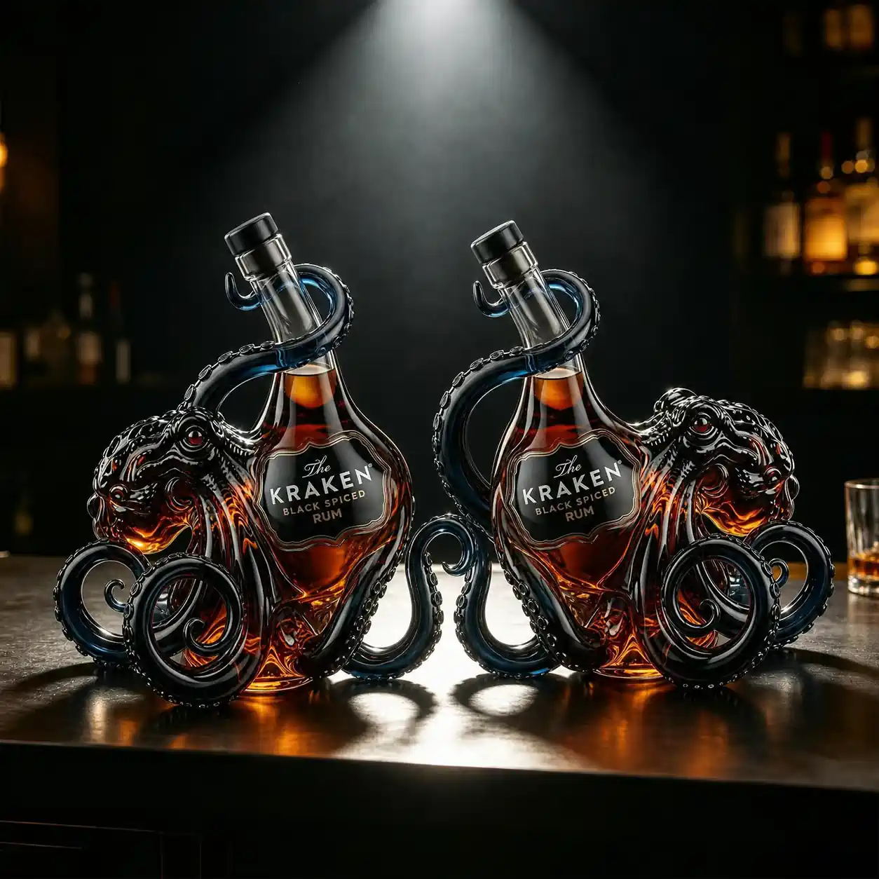 The Kraken Rum Edition 3D Octopus Bottle Autralia 4 Two bottles of The Kraken Black Spiced Rum featuring custom octopus tentacles glass design