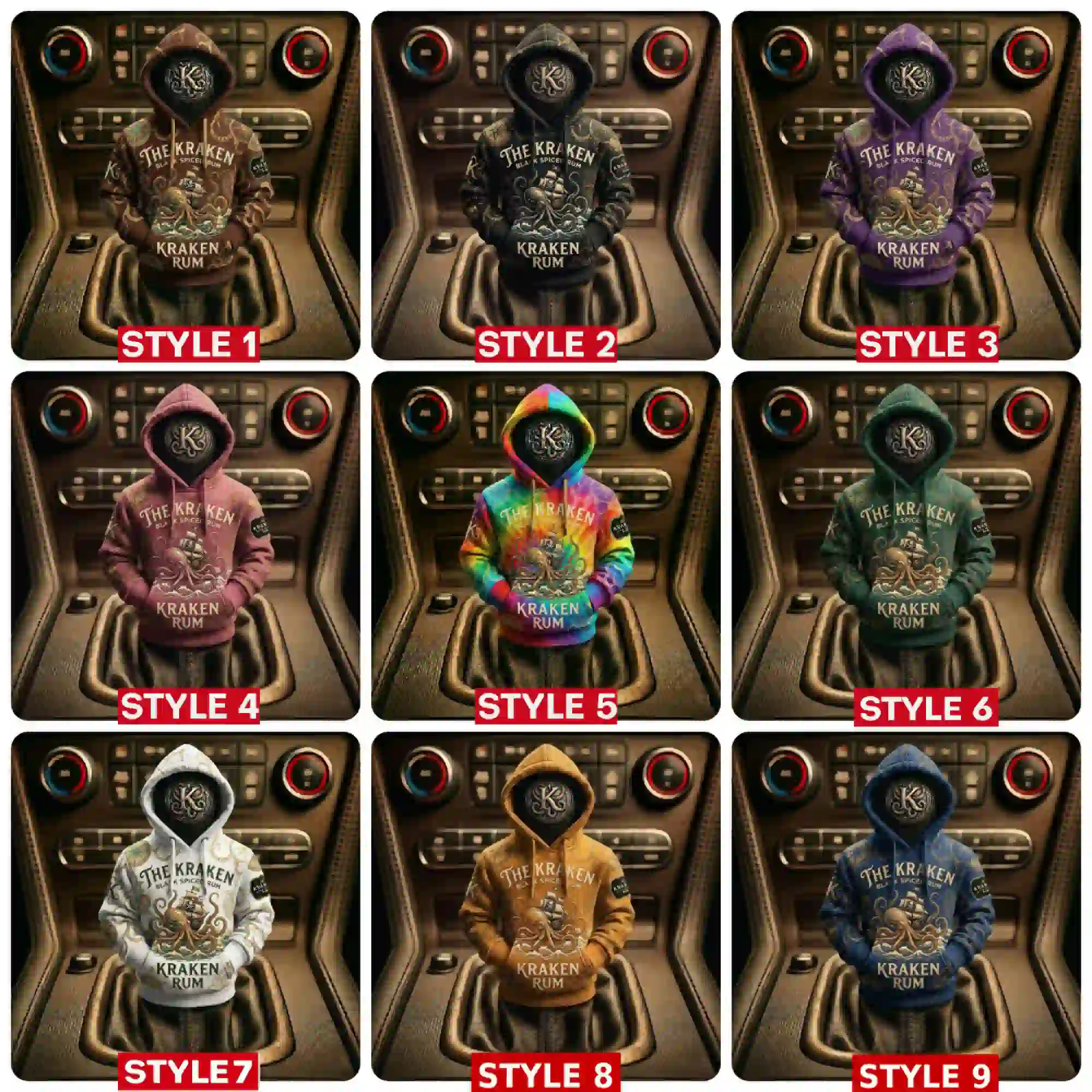 Collection of Kraken Rum branded hoodies in nine different color variations displayed on a car gear shift console