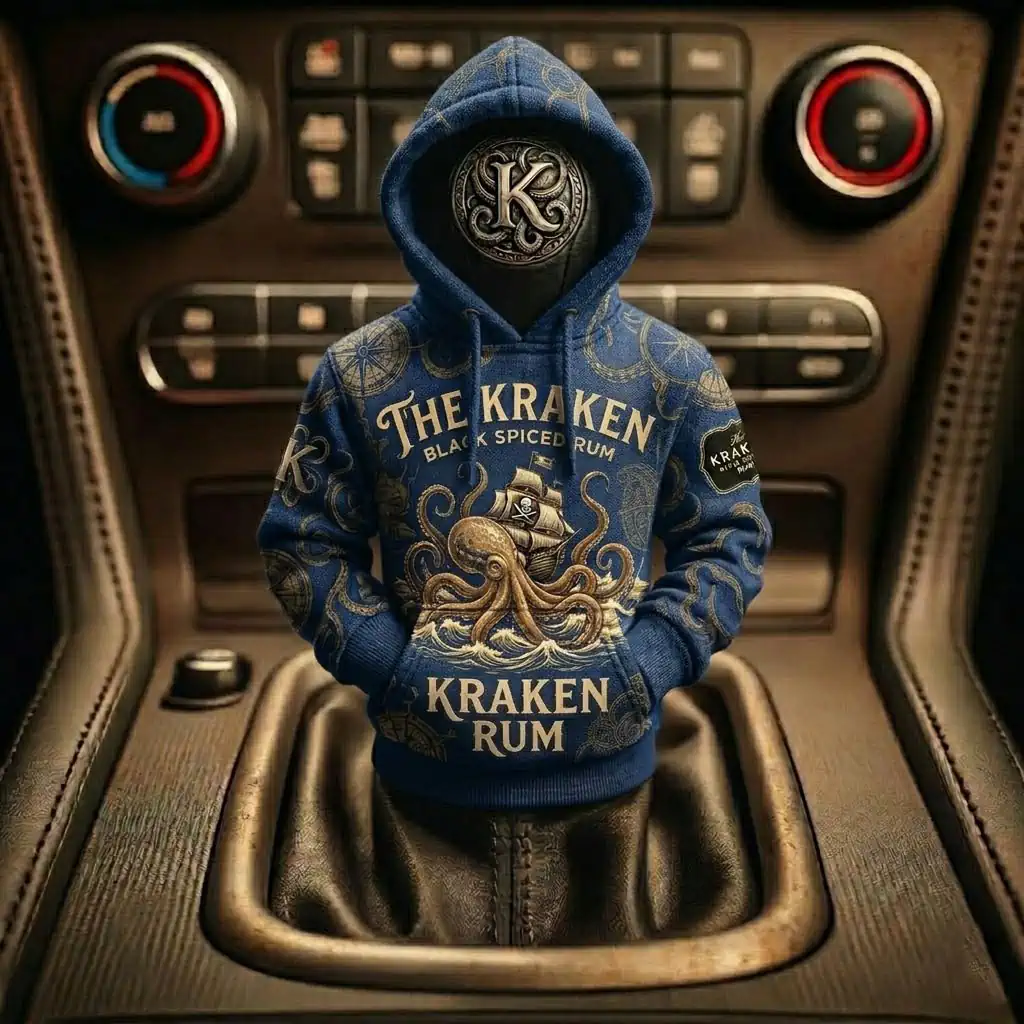 Miniature blue hooded sweatshirt featuring The Kraken Rum branding over a car gear shift