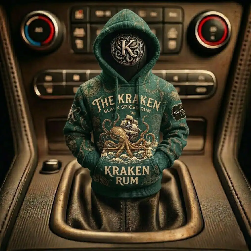 The Kraken Rum Edition 3d Octopus Car Gear Shifts Hoodies 3 A car gear shift knob covered by a miniature green Kraken Rum branded hoodie