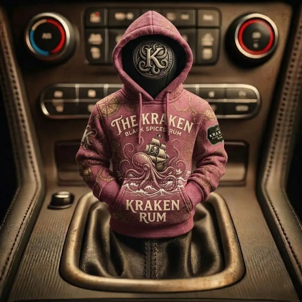 The Kraken Rum Edition 3d Octopus Car Gear Shifts Hoodies 4 Kraken Rum branded miniature hoodie shift knob cover inside a vehicle