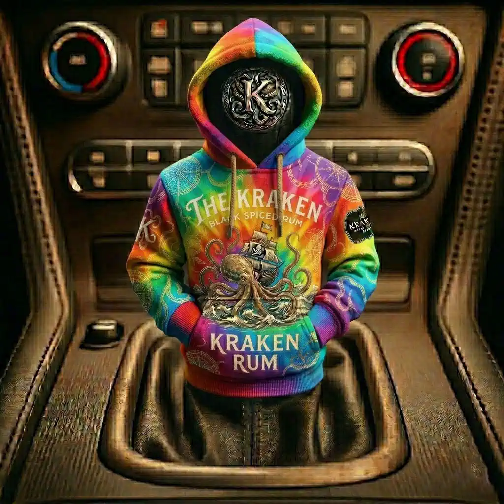 The Kraken Rum Edition 3d Octopus Car Gear Shifts Hoodies 5 A miniature Kraken Rum tie-dye hoodie worn by a gear shift knob in a car interior.