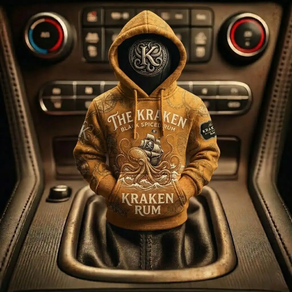 The Kraken Rum Edition 3d Octopus Car Gear Shifts Hoodies 6 A miniature Kraken Rum hooded sweatshirt covering a car gear shifter
