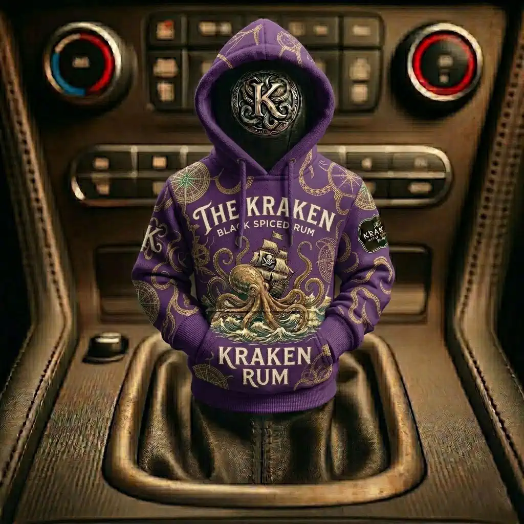 The Kraken Rum Edition 3d Octopus Car Gear Shifts Hoodies 8 A purple Kraken Black Spiced Rum branded hoodie displayed on a car gear shift