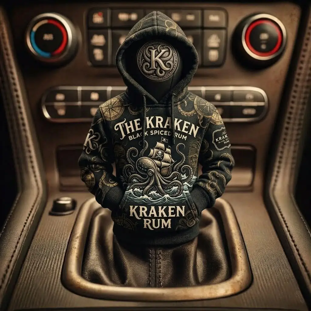 The Kraken Rum Edition 3d Octopus Car Gear Shifts Hoodies 9 Miniature Kraken Rum branded hoodie covering a car gear shift knob.