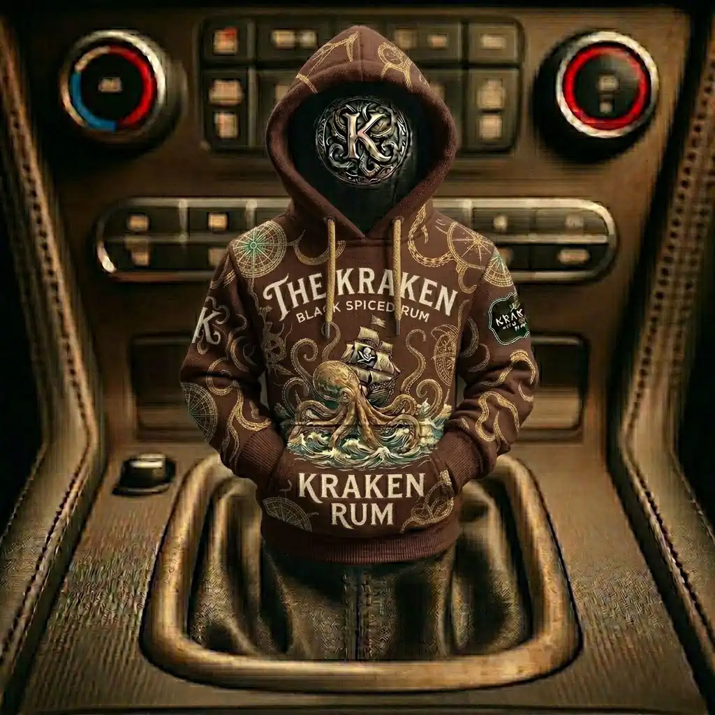 The Kraken Rum Edition 3d Octopus Car Gear Shifts Hoodies 10 The Kraken Black Spiced Rum branded brown hooded sweatshirt