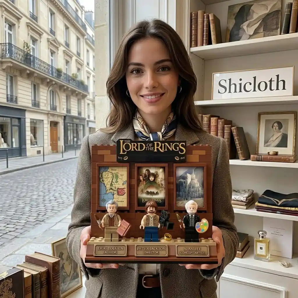Woman holding Shicloth Lord of the Rings building brick display set!