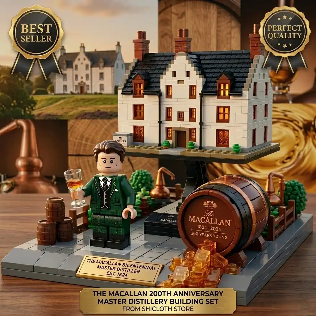 A product photograph shows a multi level building set on a grey base with a minifigure holding a glass and a large barrel spilling amber blocks! Background elements of a distillery process and a mansion are included with text banners at the top and bottom!