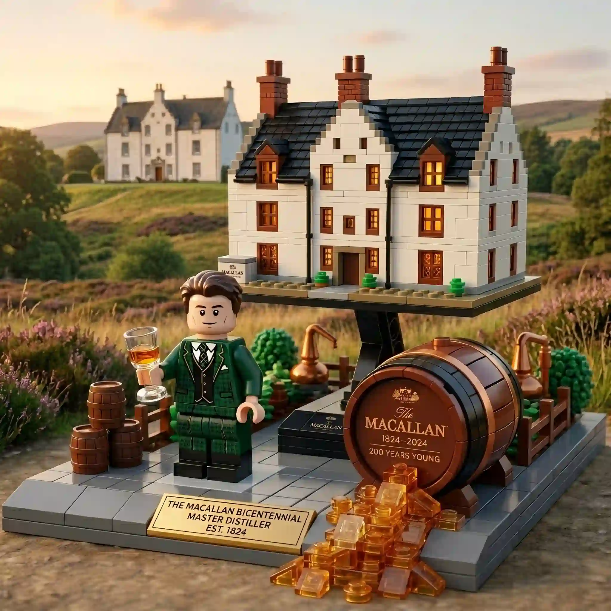 A detailed toy model of a Scottish distillery and a minifigure are displayed on a grey base against a sprawling background of rolling hills covered in purple heather! A large white mansion building sits on a grassy slope in the distance under a pale sky! A wooden barrel is positioned prominently on the right!