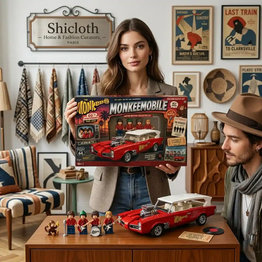 Woman holding Shicloth Monkeemobile collector building set beside display car!