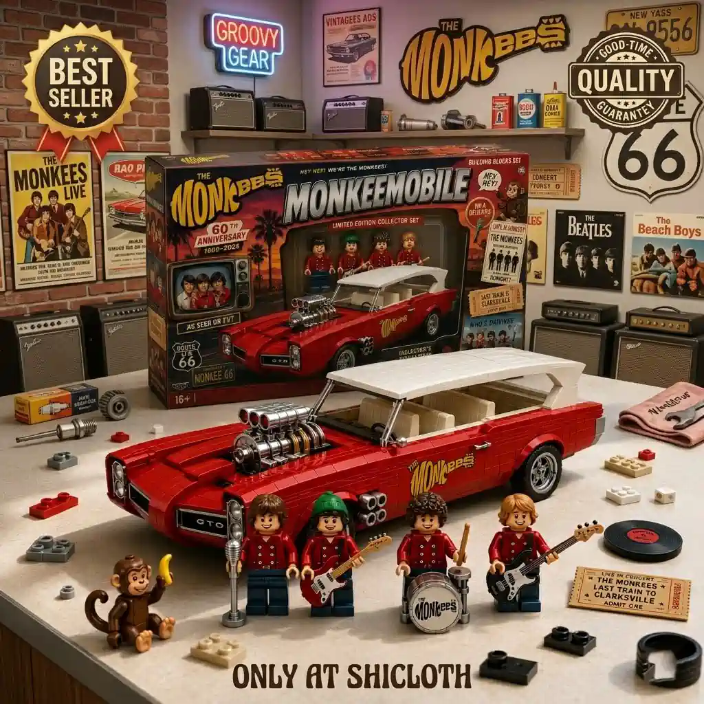 Shicloth Monkeemobile collector set displayed in retro garage scene!