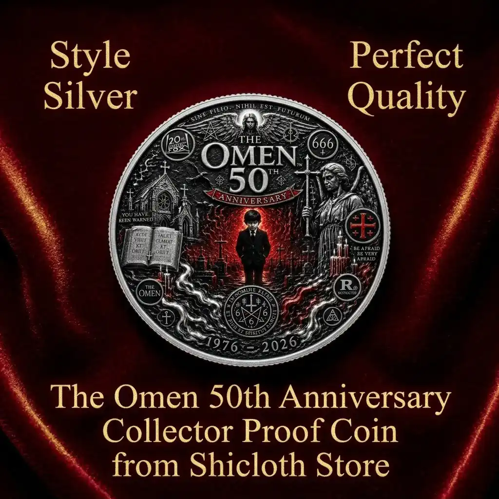 The Omen fiftieth anniversary silver collector coin featuring Damien standing in a cemetery with a dark red background and horror movie details!