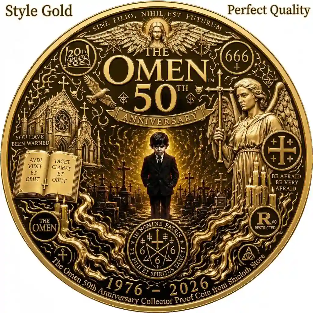 The Omen fiftieth anniversary gold collector coin displaying intricate gothic artwork and a central figure surrounded by crosses!