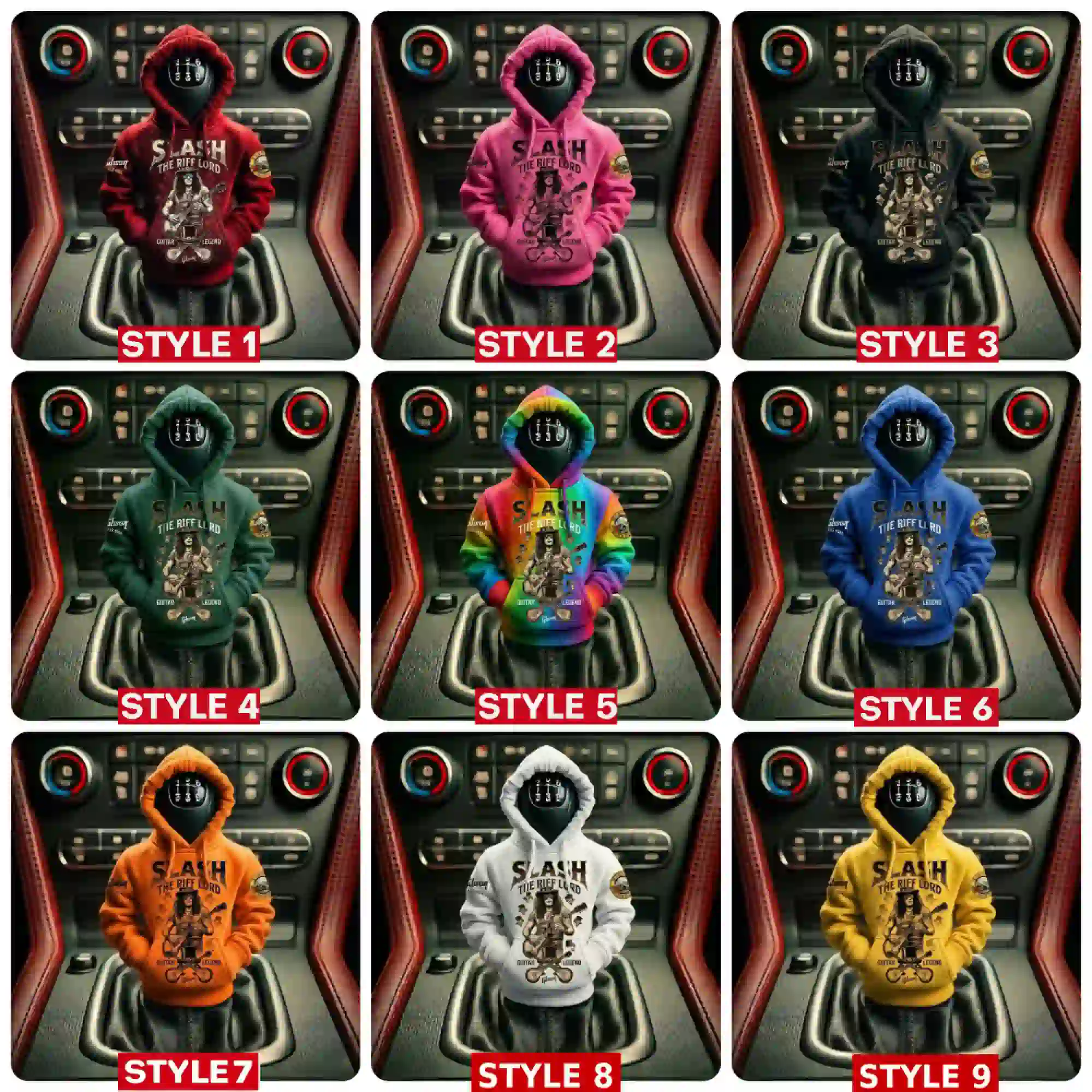Nine miniature hoodies in various colors featuring a Slash guitar legend graphic design.