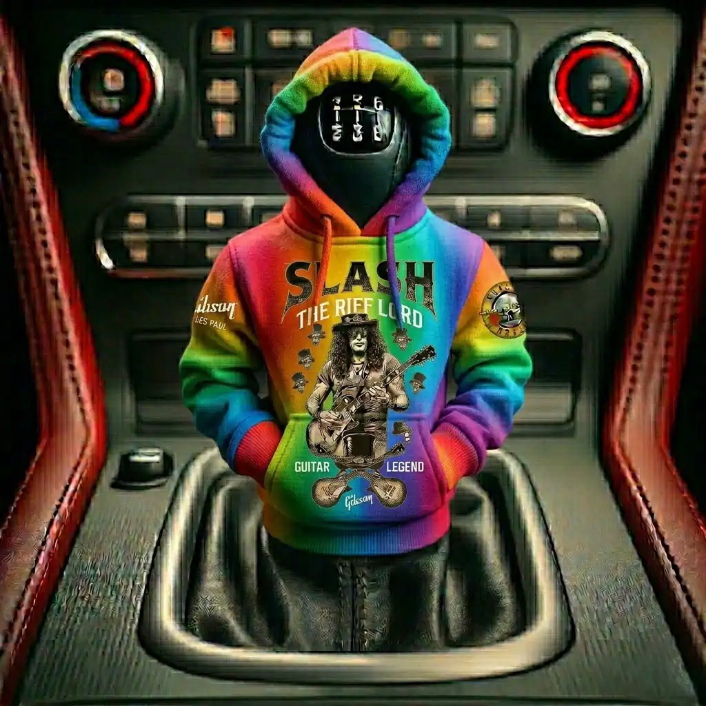 Gear shifter wearing a colorful rainbow hoodie featuring Slash graphic
