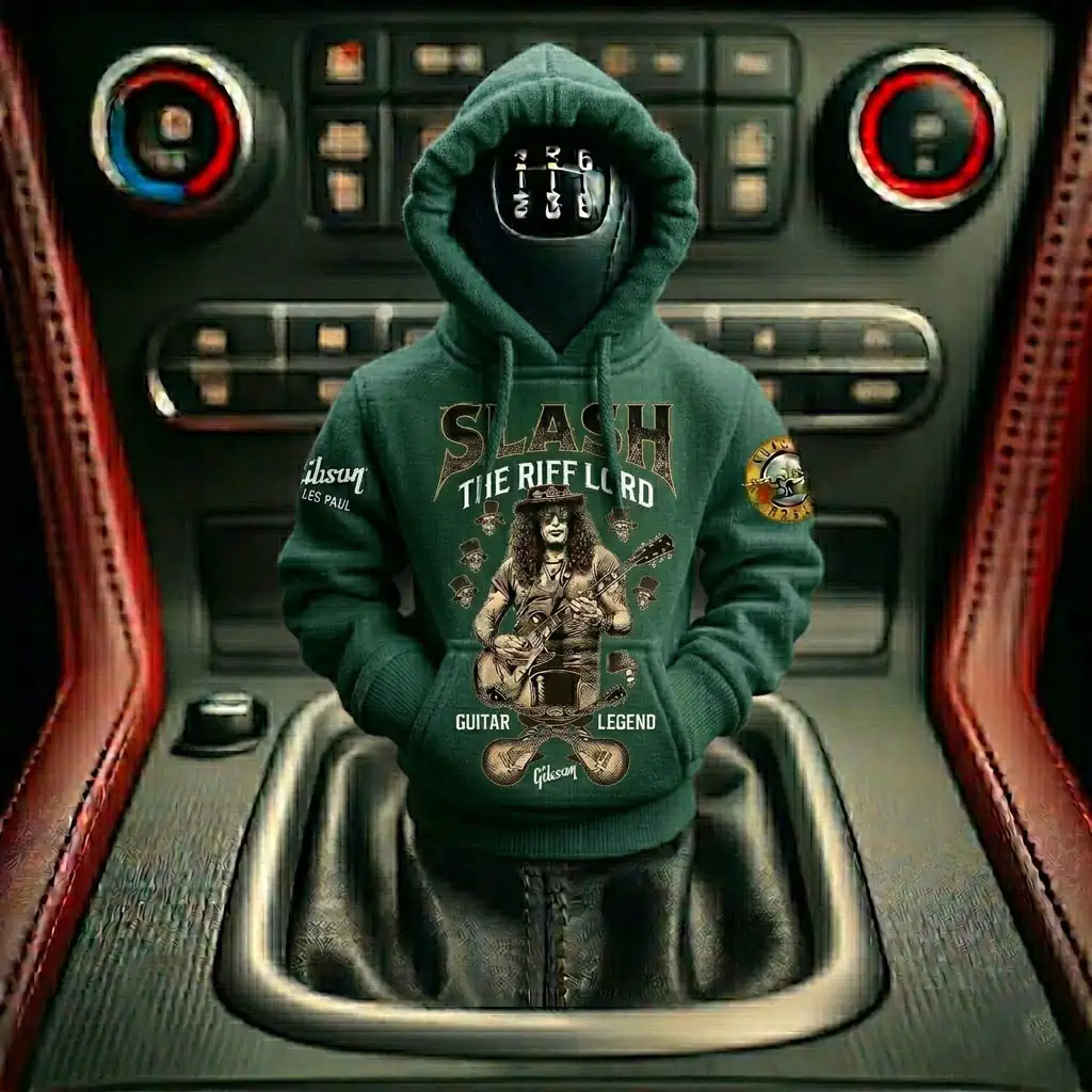 The Guitar Legend Slash Gibson Les Paul Car Gear Shifts Hoodies 3 Green hoodie featuring Slash graphic on car gear shifter