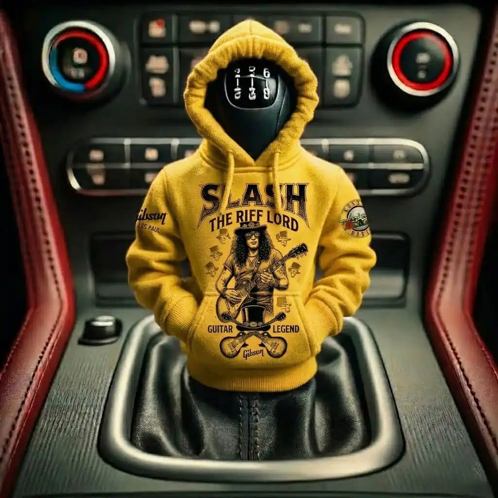 The Guitar Legend Slash Gibson Les Paul Car Gear Shifts Hoodies 4 Slash The Riff Lord miniature hoodie on a car gear shift knob.
